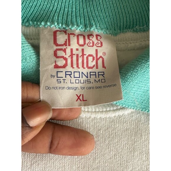 Vintage Cross Stitch Golf Print Sweatshirt With Collar XL White Teal Made In USA - Picture 4 of 12